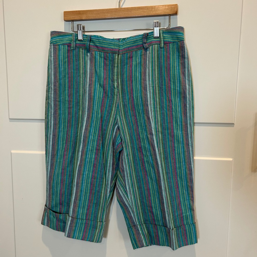 david n Striped Linen‎ Cotton Blend Capri Pants Women's Size 12 Cuffed Cropped